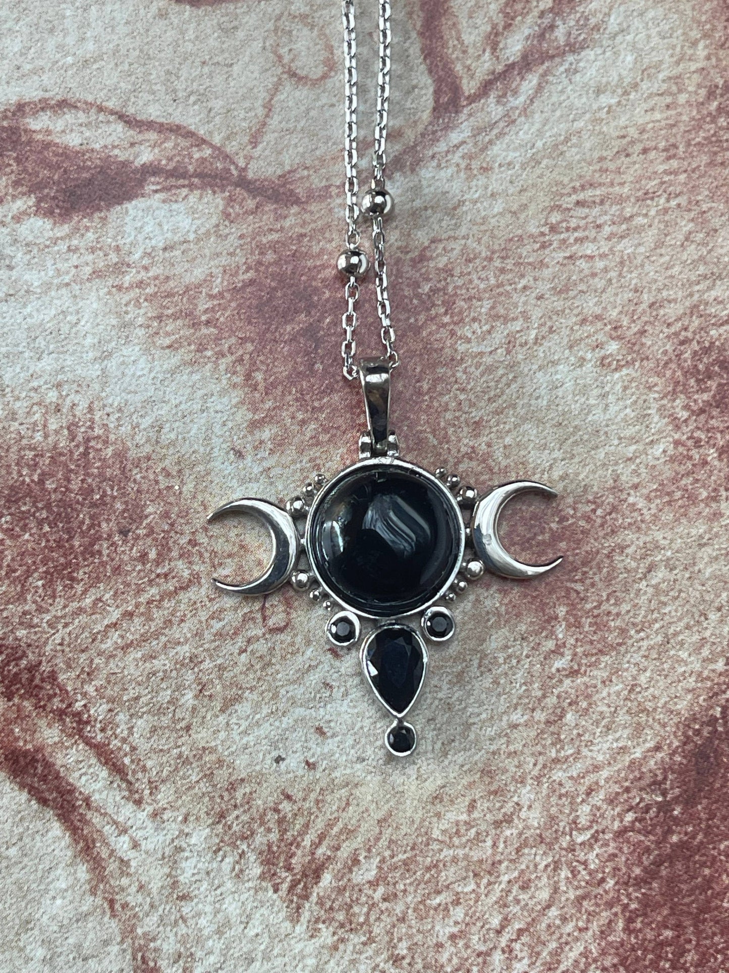 Sterling Silver Onyx Triple Moon Pendant with Sterling Silver Chain