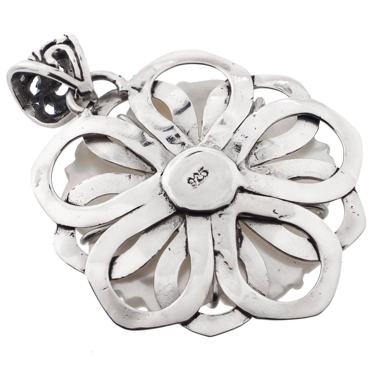Mother of Pearl Shell Flower Blue Topaz Sterling Silver Pendant with Sterling Silver Rope Chain
