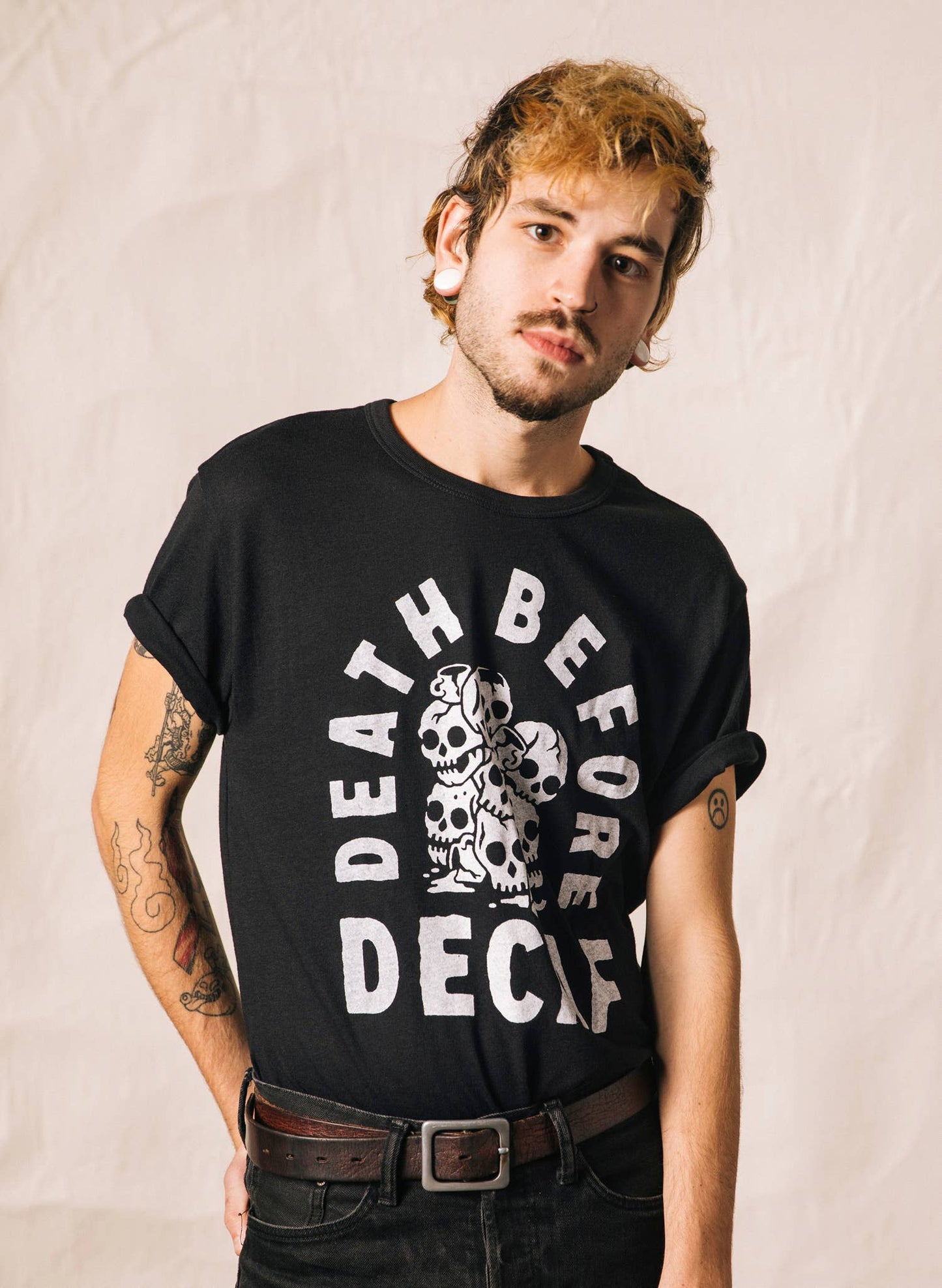 Death Before Decaf Coffee Vintage Style Graphic Tee Adults: Medium