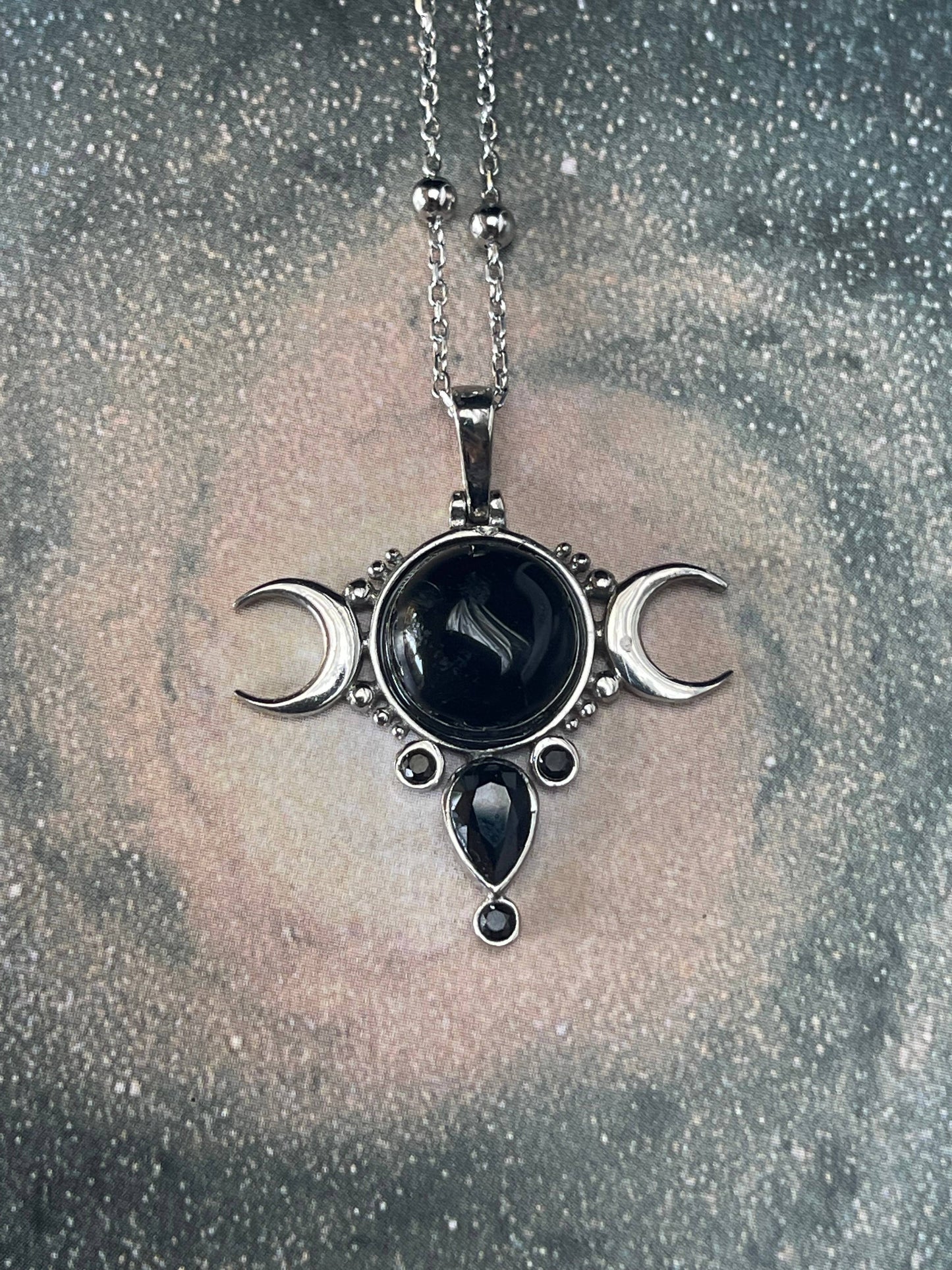 Sterling Silver Onyx Triple Moon Pendant with Sterling Silver Chain