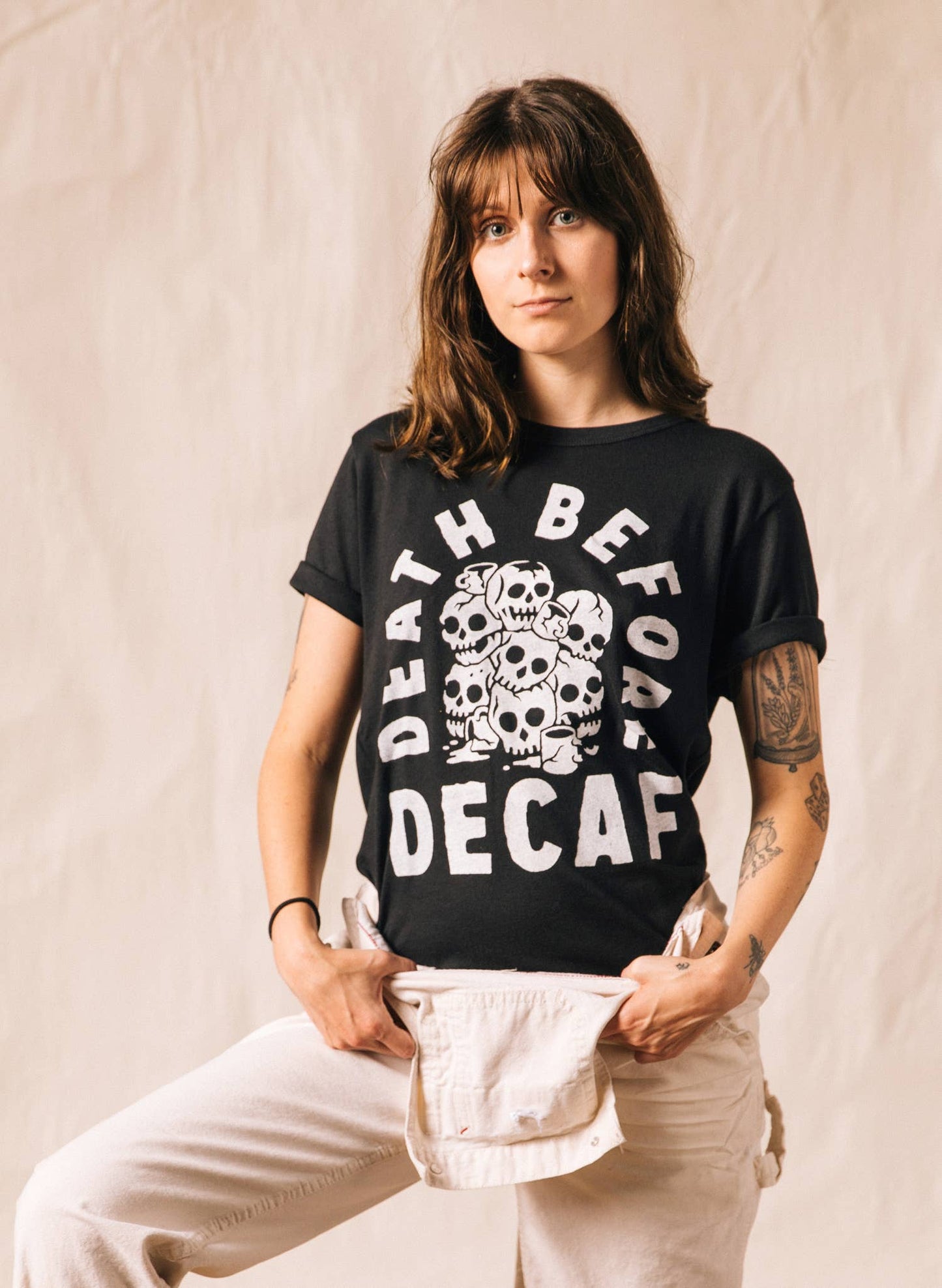 Death Before Decaf Coffee Vintage Style Graphic Tee Adults: Medium