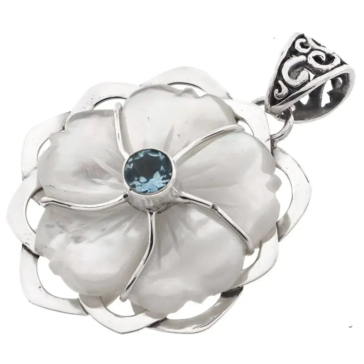 Mother of Pearl Shell Flower Blue Topaz Sterling Silver Pendant with Sterling Silver Rope Chain - Shadowplay Collection