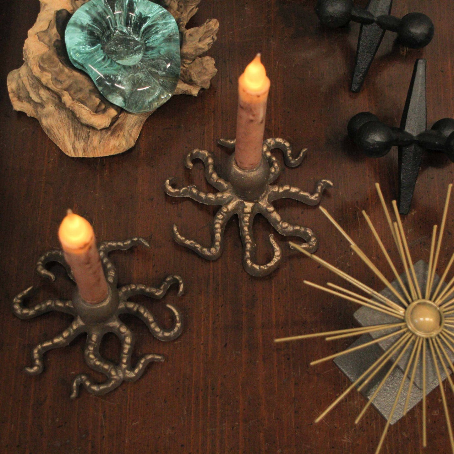 Antique Gold Finish Cast Iron Octopus Taper Candle Holder