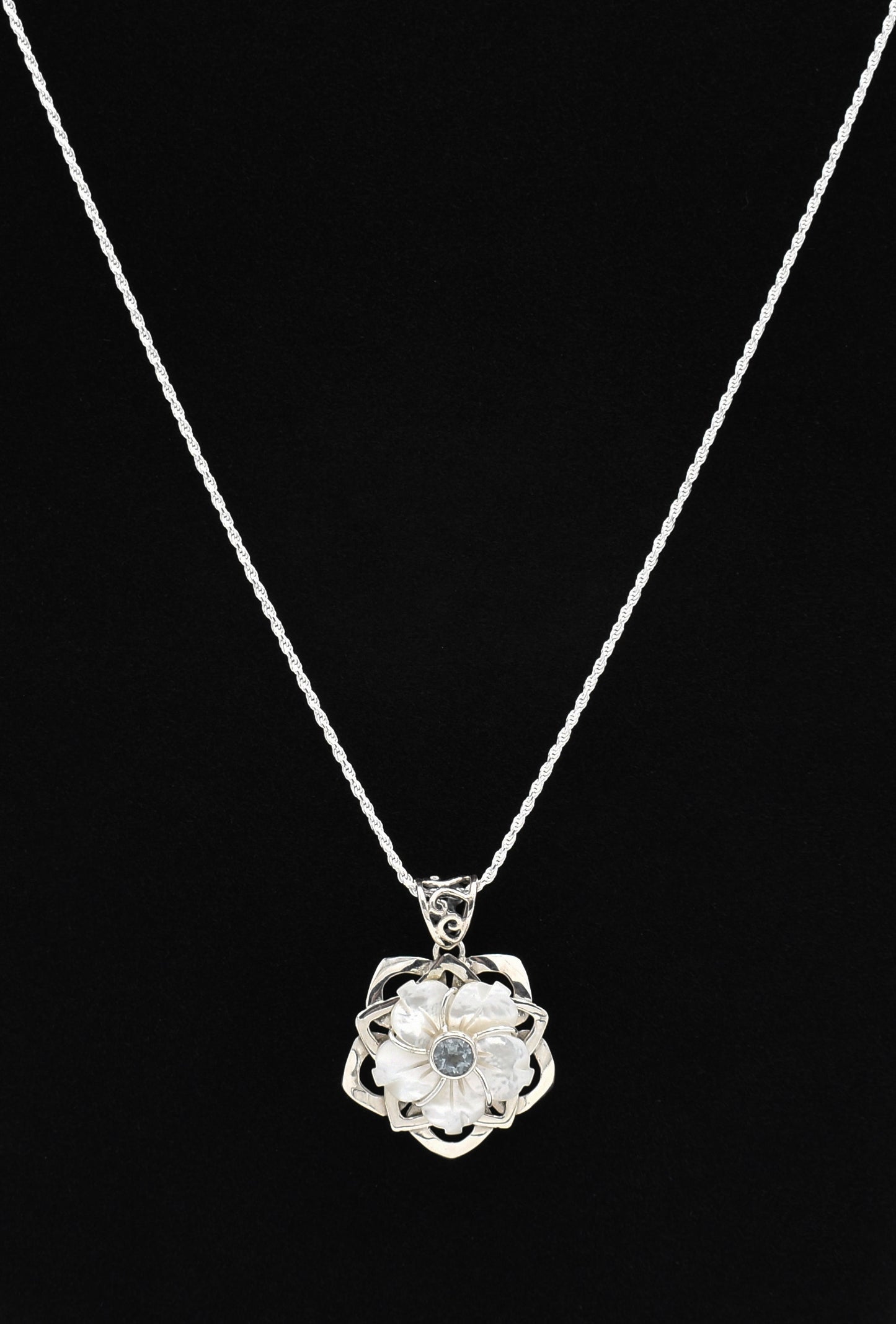 Mother of Pearl Shell Flower Blue Topaz Sterling Silver Pendant with Sterling Silver Rope Chain