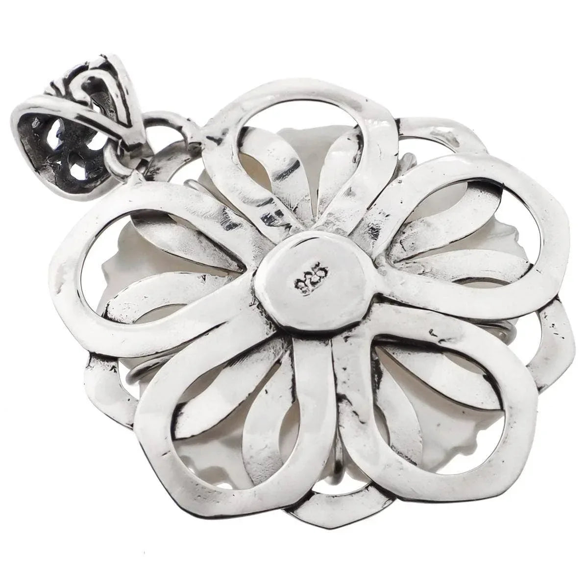 Mother of Pearl Shell Flower Blue Topaz Sterling Silver Pendant with Sterling Silver Rope Chain - Shadowplay Collection