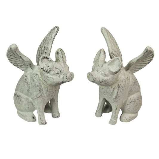 Cast Iron Distressed White Flying Pig Bookends - Shadowplay Collection