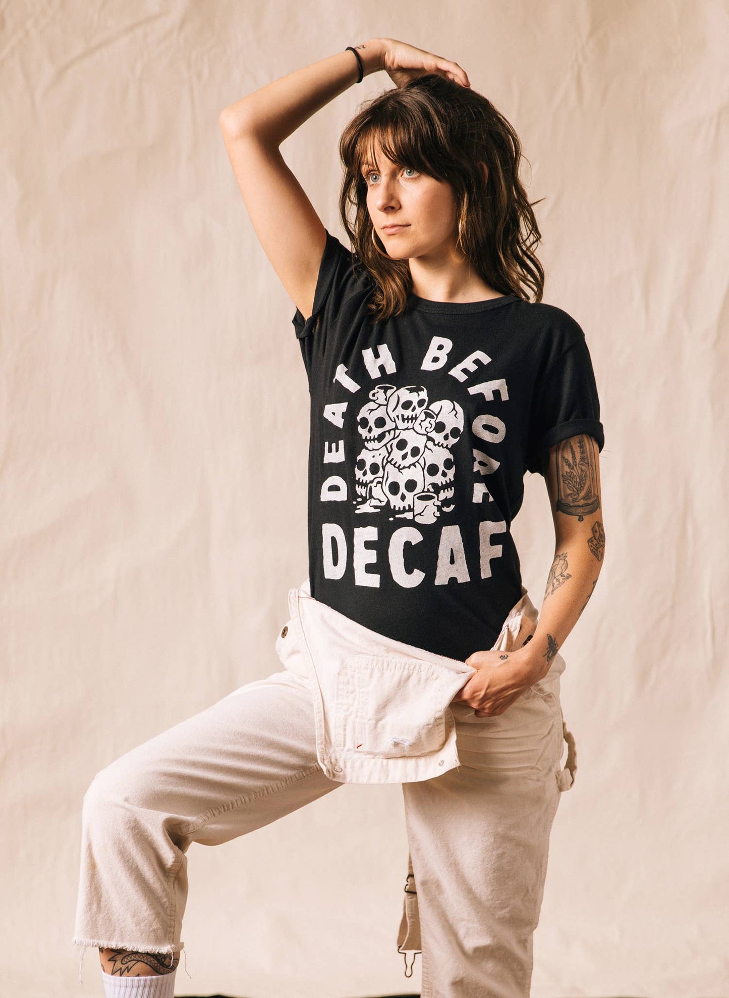Death Before Decaf Coffee Vintage Style Graphic Tee Adults: Medium