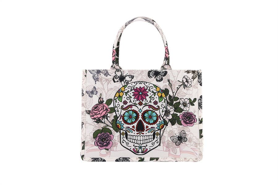 Skull Flower Printed Colorful Standing Tote Handbag