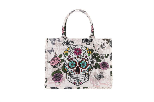 Skull Flower Printed Colorful Standing Tote Handbag