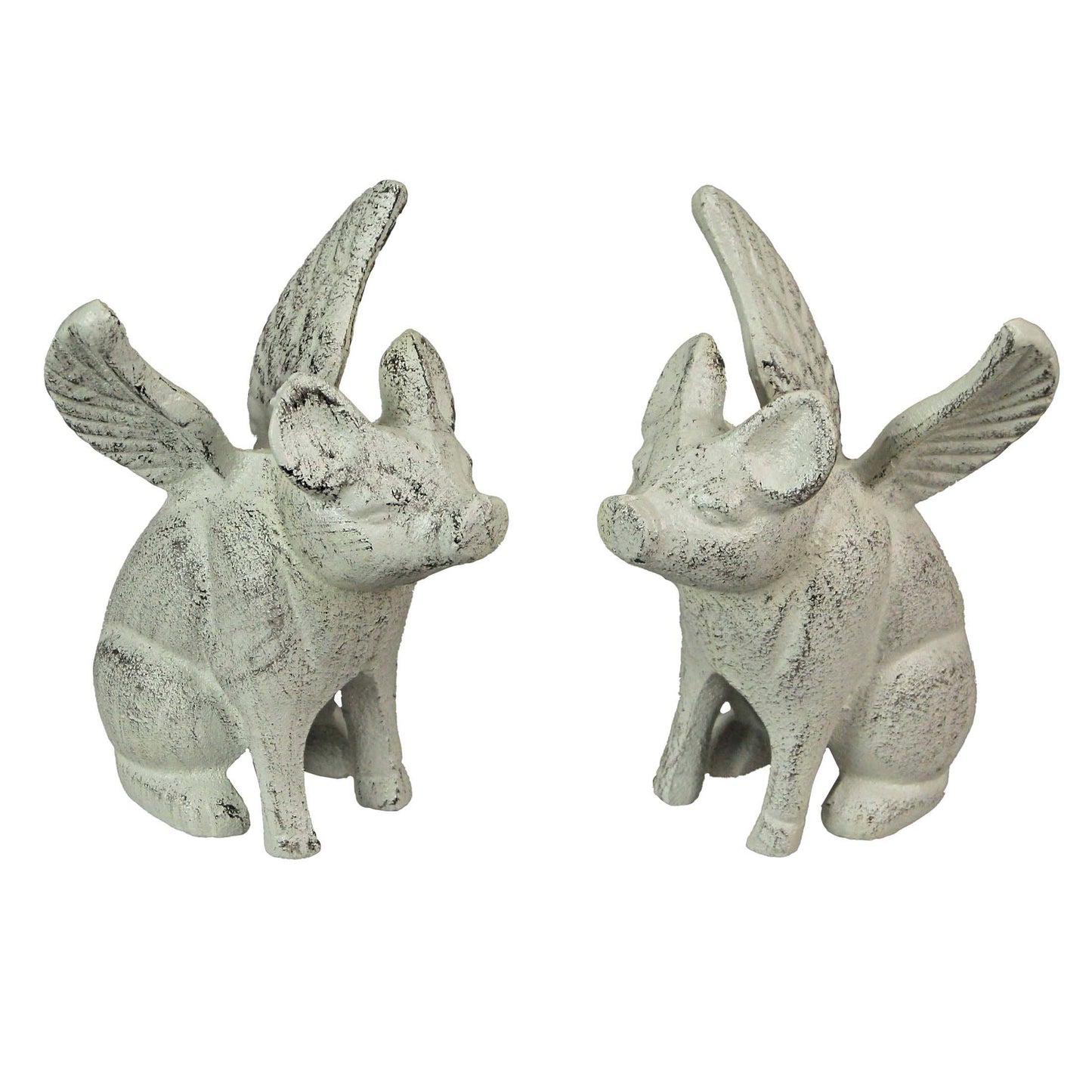 Cast Iron Distressed White Flying Pig Bookends