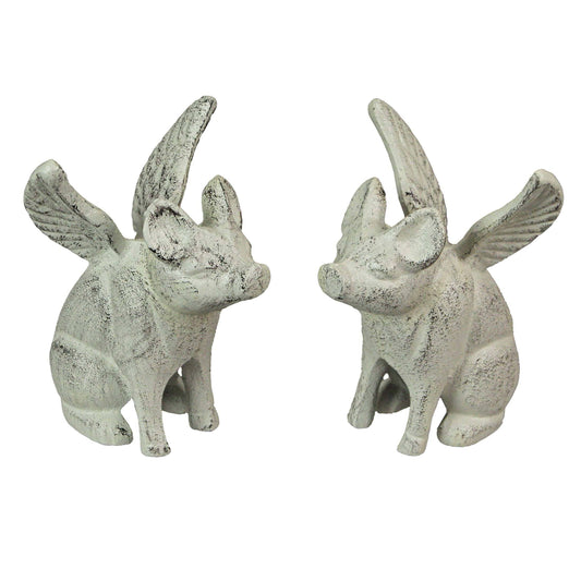 Cast Iron Distressed White Flying Pig Bookends