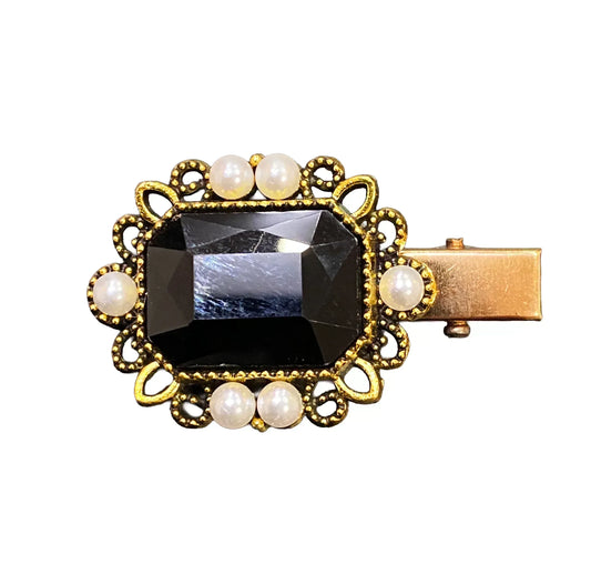 Rhinestone Hairpin with Faux Black Stone and Faux Pearls - Shadowplay Collection