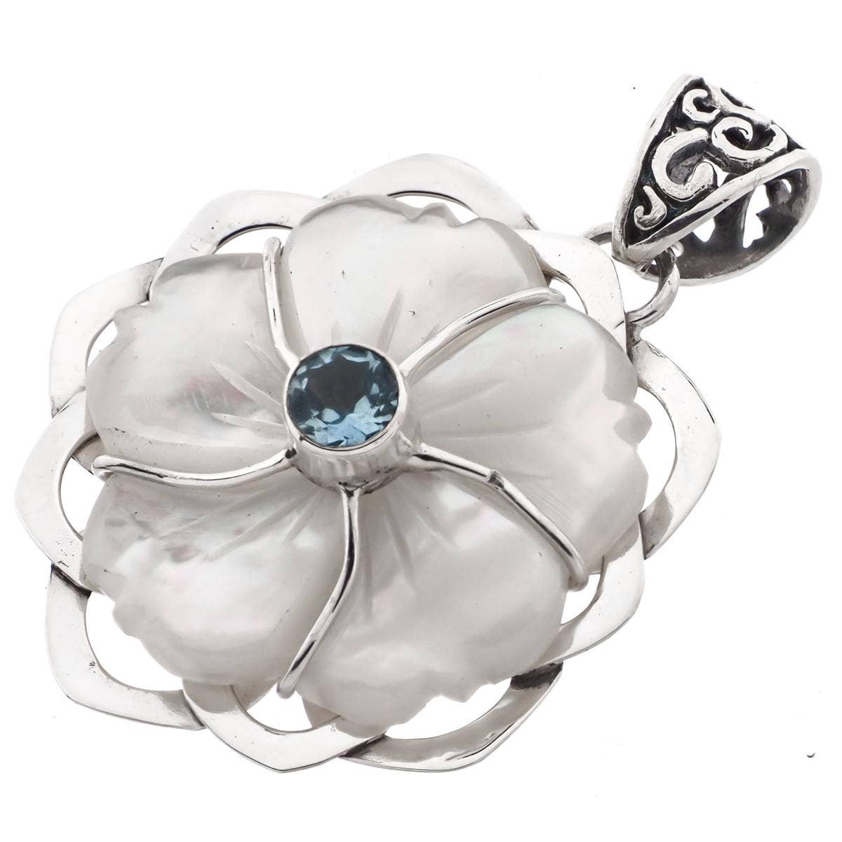Mother of Pearl Shell Flower Blue Topaz Sterling Silver Pendant with Sterling Silver Rope Chain