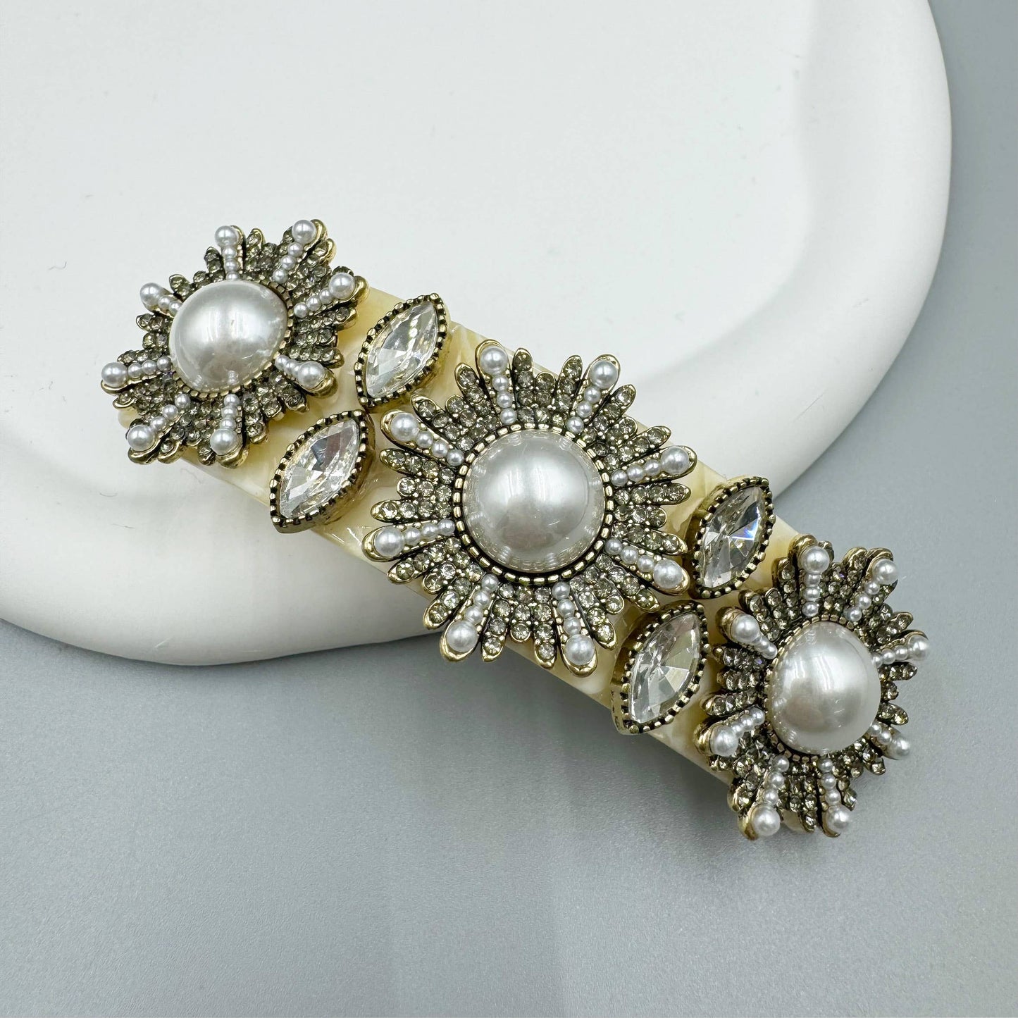 Floral Pearl Rhinestone Acrylic Hair French Barrette