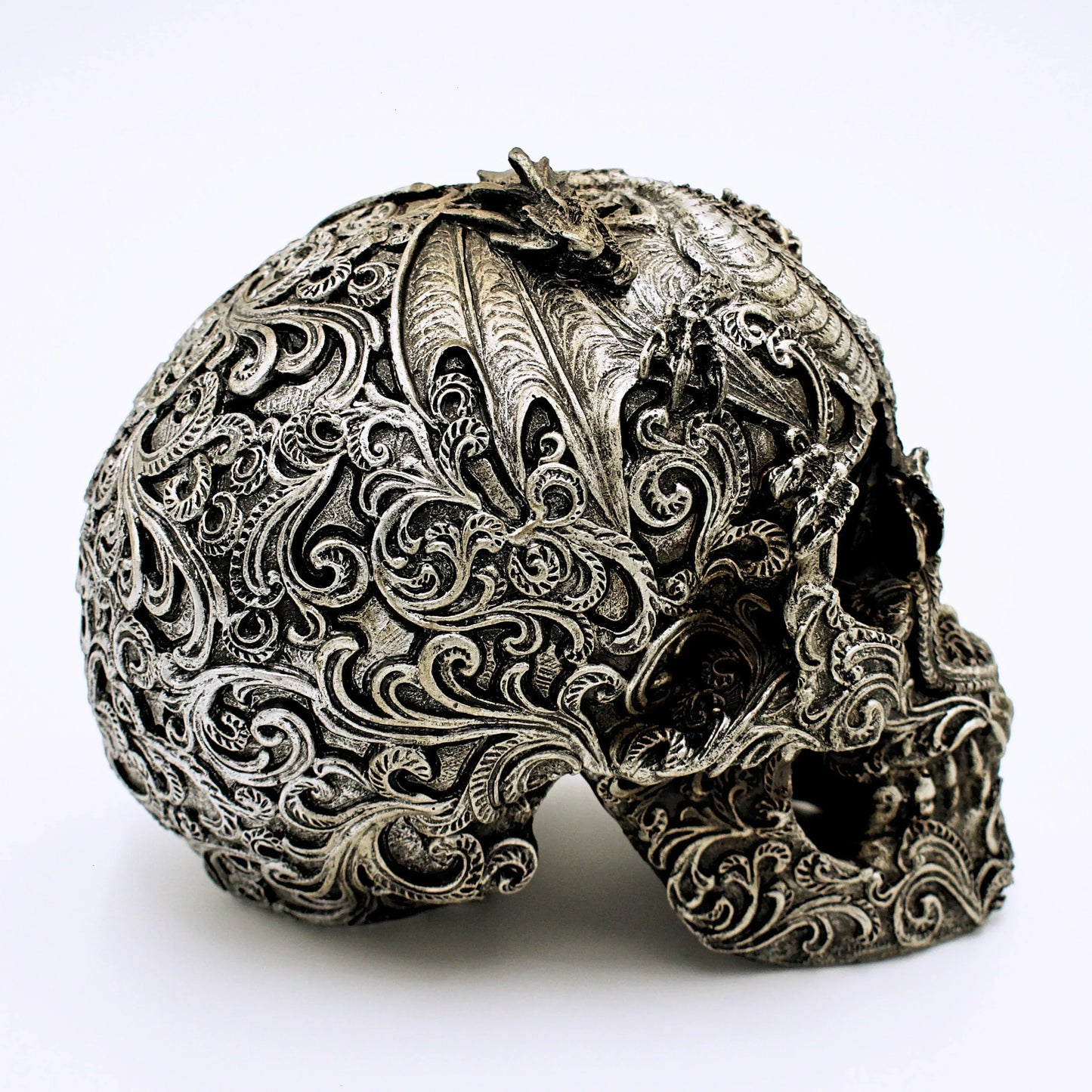 Silver Dragon and Scroll Design Skull Sculpture - Shadowplay Collection