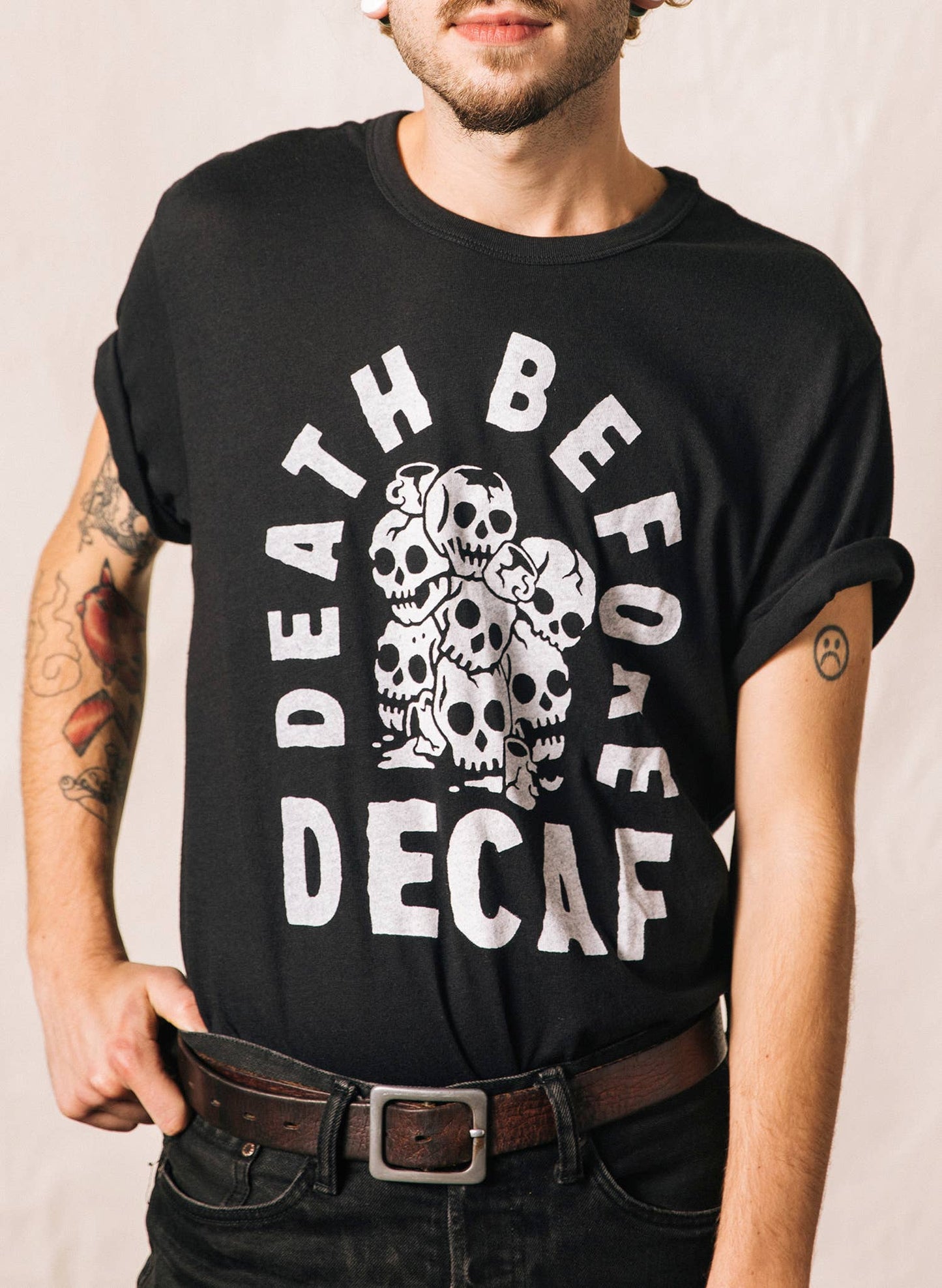 Death Before Decaf Coffee Vintage Style Graphic Tee Adults: Medium