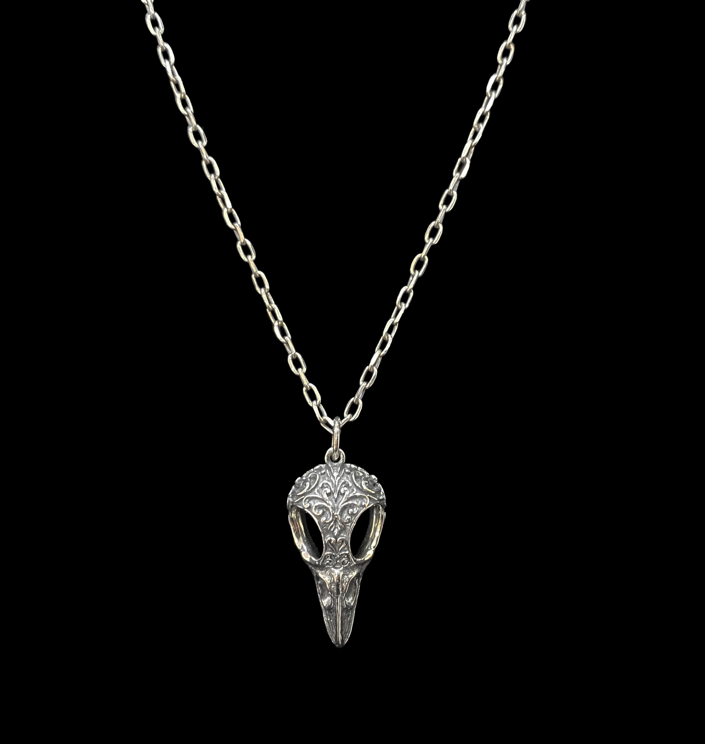 Sterling Silver Scroll Raven Skull Necklace
