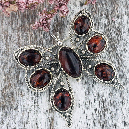 Sterling Silver Butterfly Pin Brooch with Genuine Baltic Amber - Shadowplay Collection