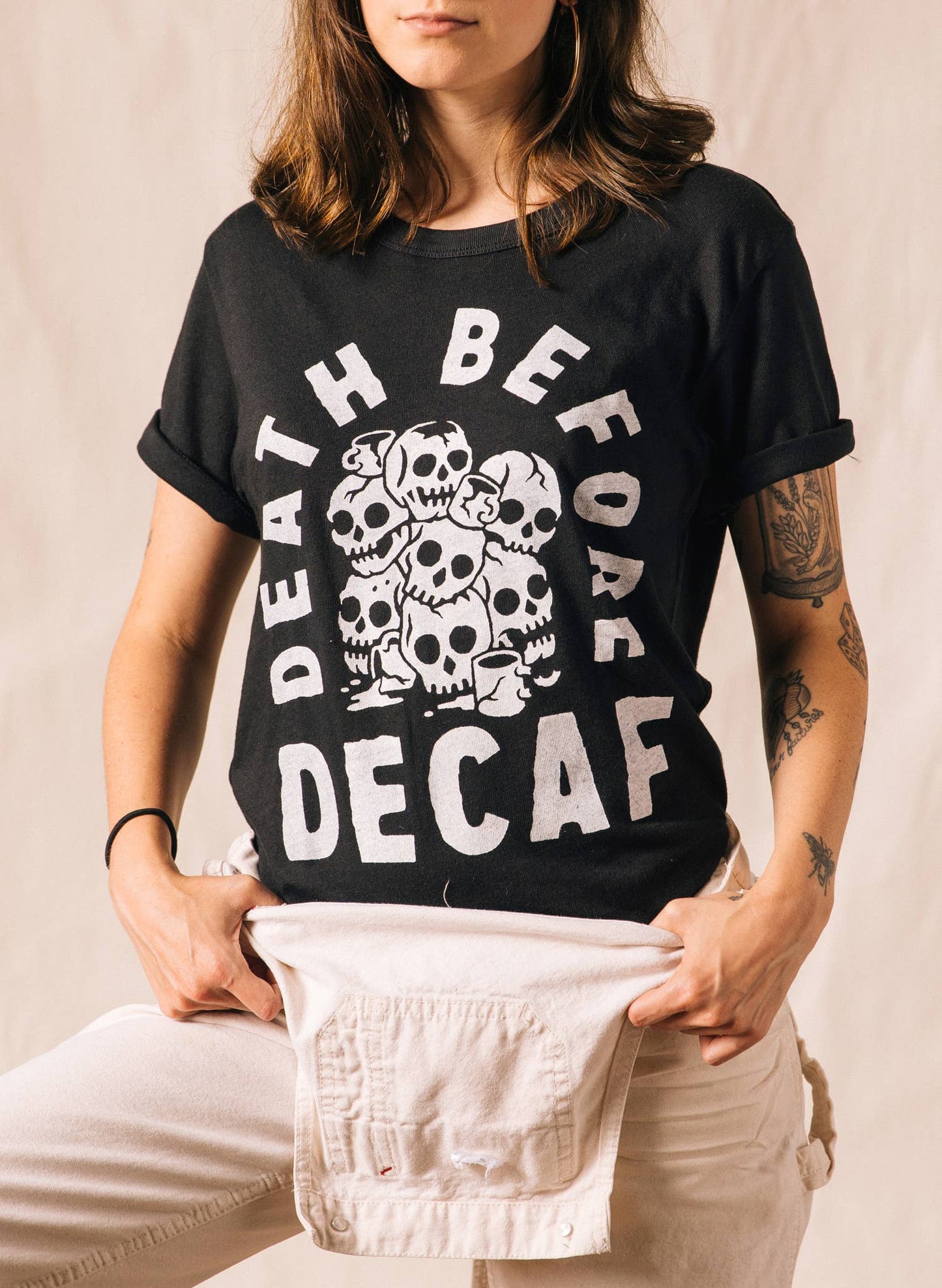 Death Before Decaf Coffee Vintage Style Graphic Tee Adults: Medium