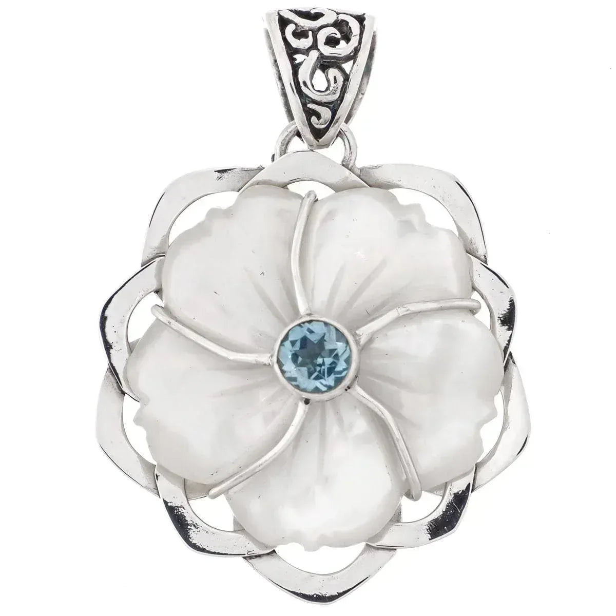 Mother of Pearl Shell Flower Blue Topaz Sterling Silver Pendant with Sterling Silver Rope Chain - Shadowplay Collection