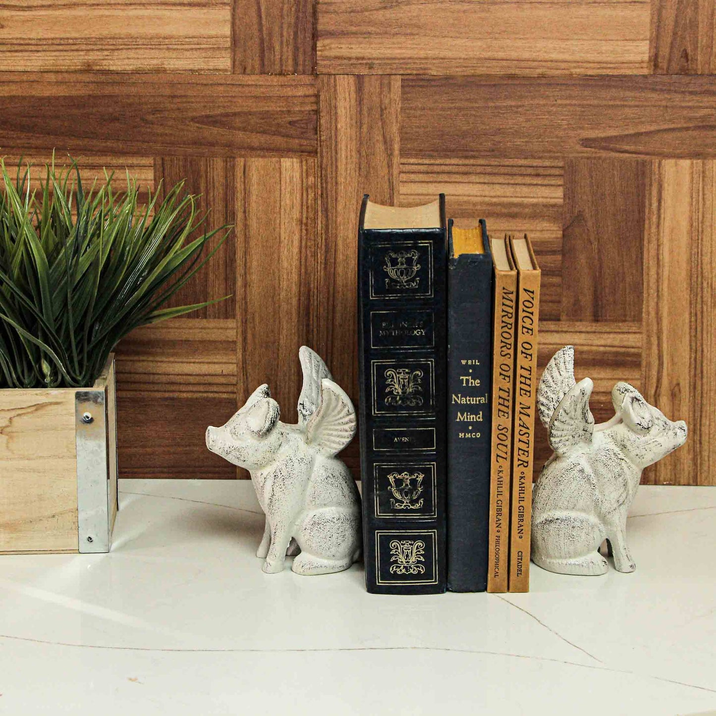 Cast Iron Distressed White Flying Pig Bookends