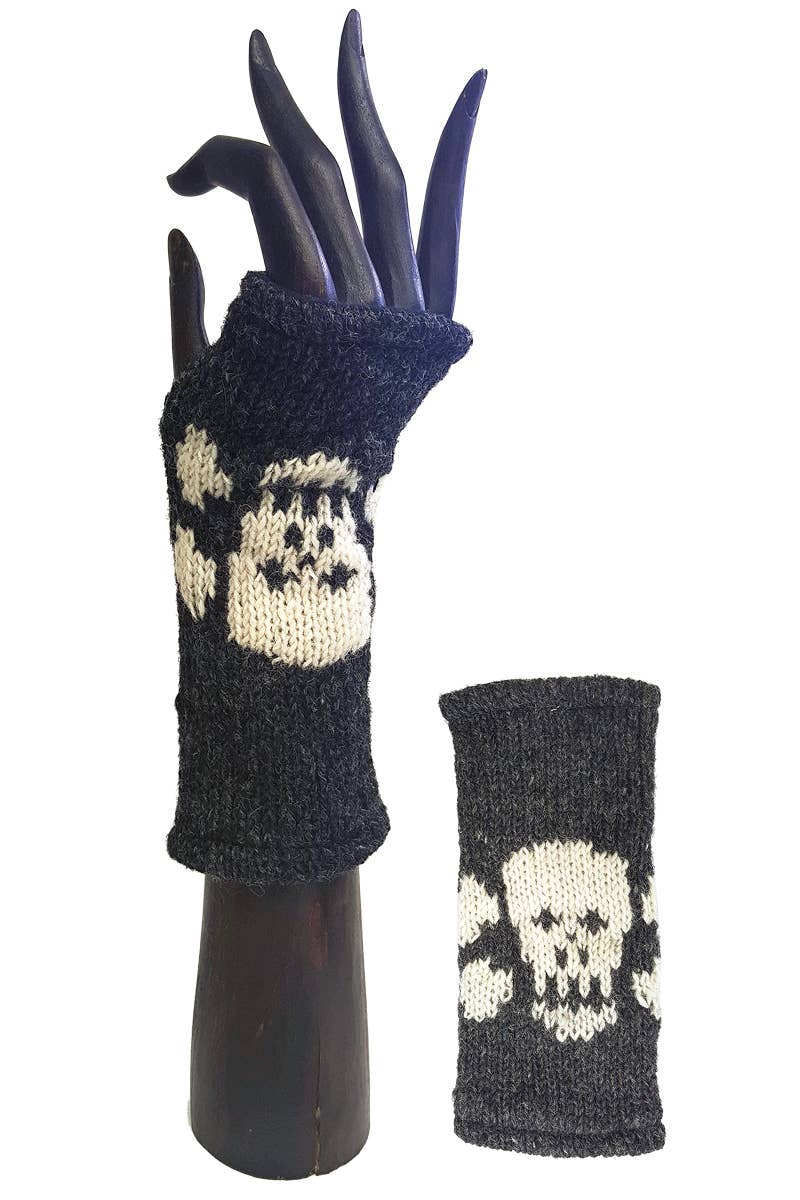 Skull and Crossbones Handwarmers/Fingerless Gloves-Black