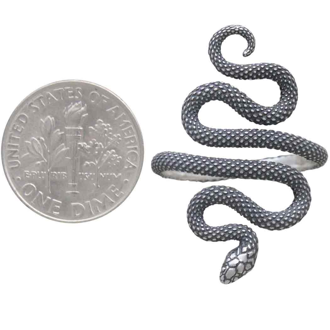 Sterling silver snake ring next to a U.S. dime for scale on a white background- Shadowplay Collection Gift Shop