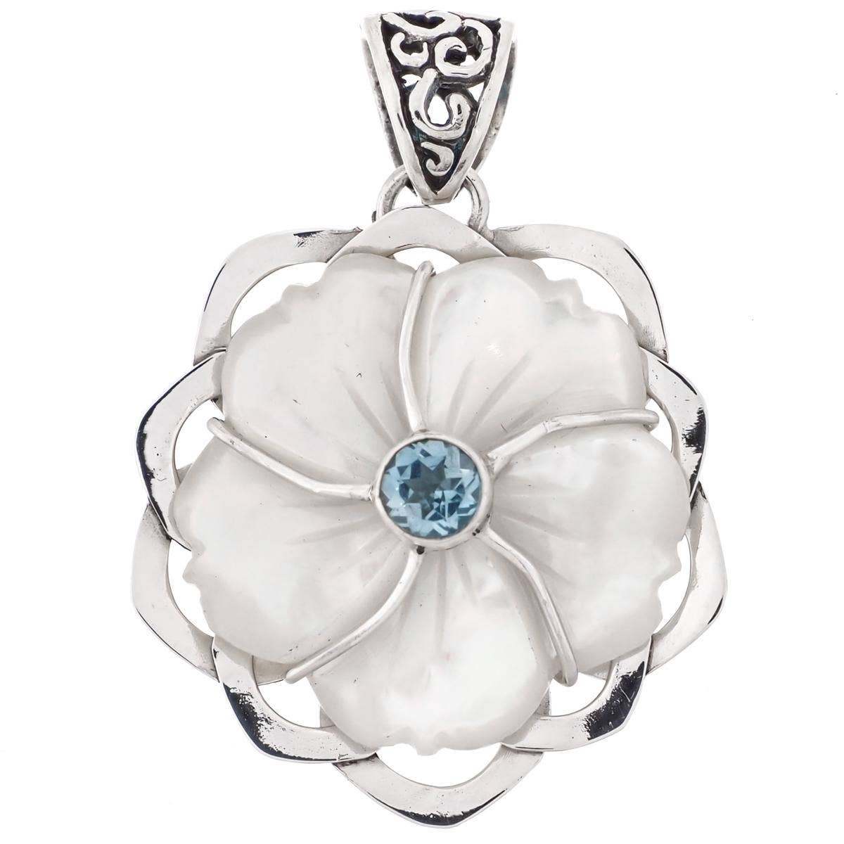 Mother of Pearl Shell Flower Blue Topaz Sterling Silver Pendant with Sterling Silver Rope Chain