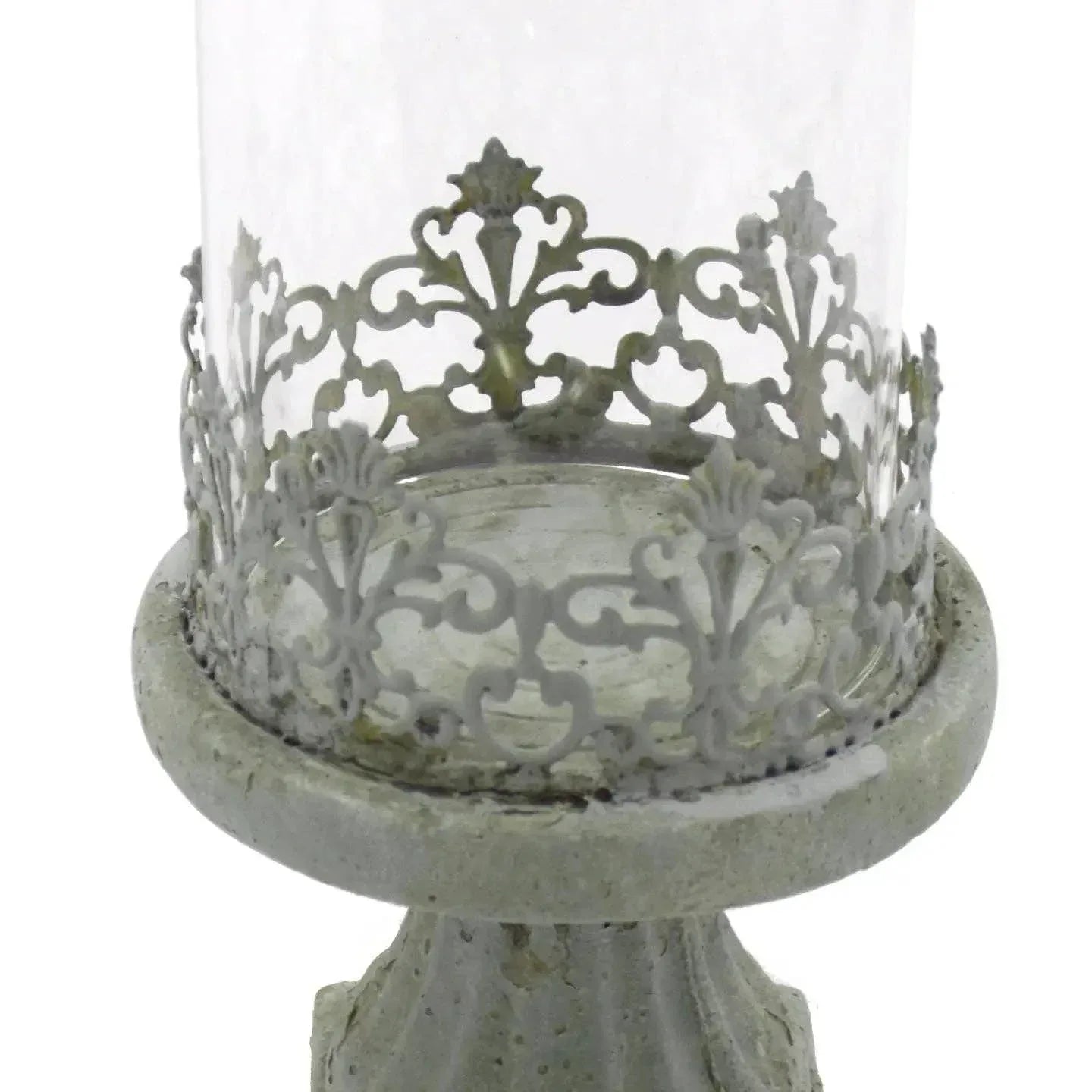 Cement Base Hurricane Candle Holder with Glass and Iron Gate Accent - Shadowplay Collection