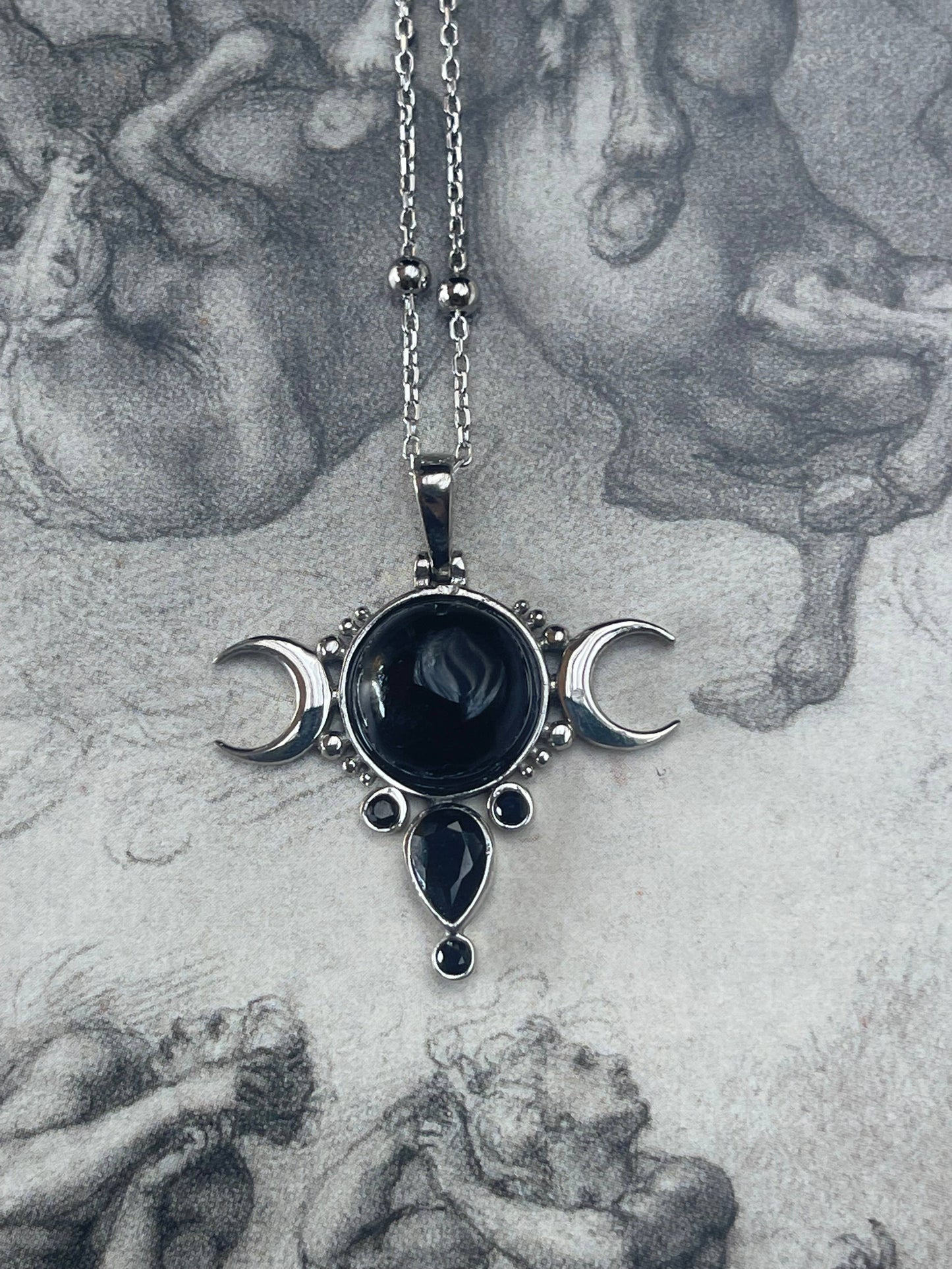 Sterling Silver Onyx Triple Moon Pendant with Sterling Silver Chain