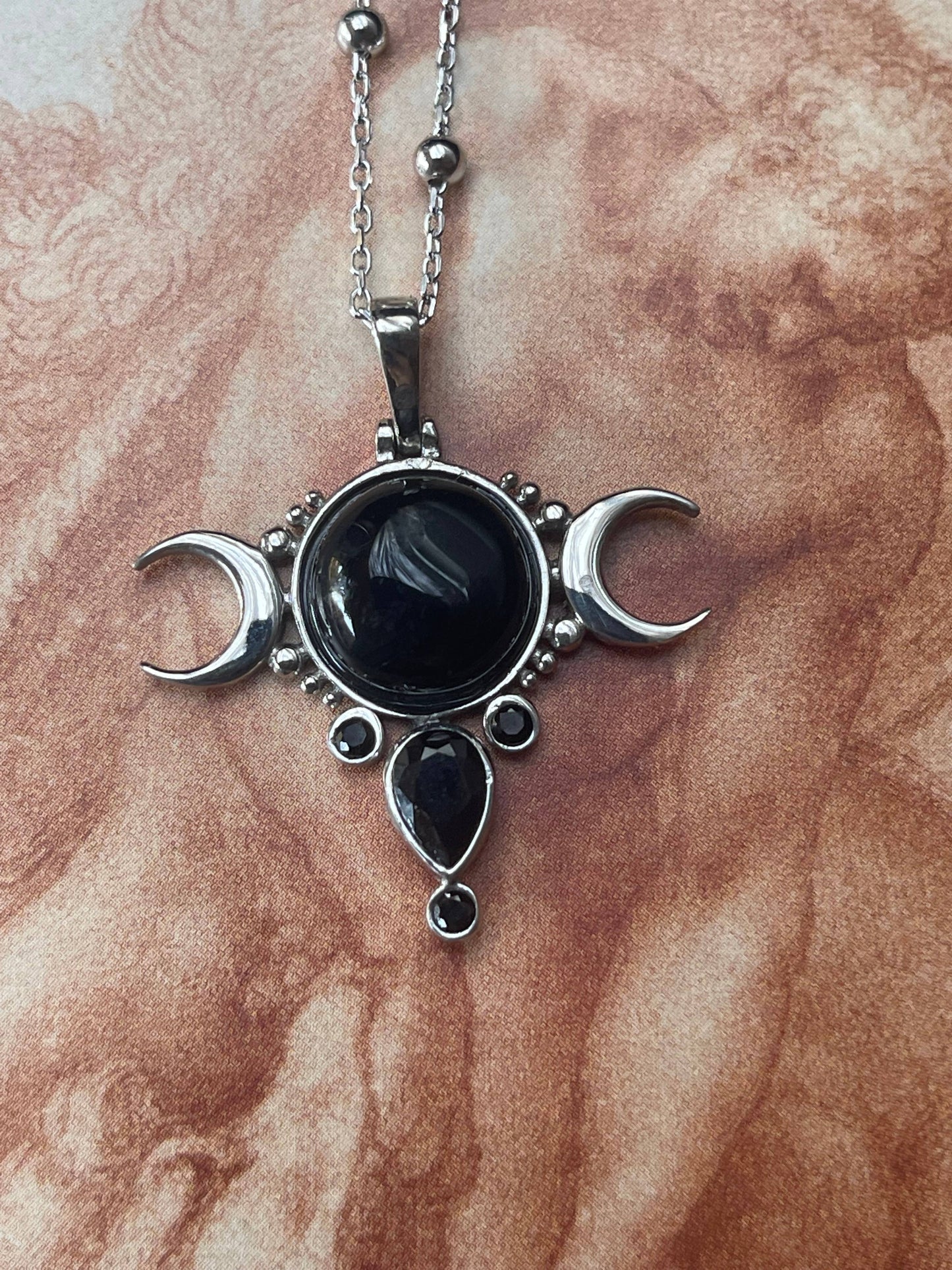 Sterling Silver Onyx Triple Moon Pendant with Sterling Silver Chain